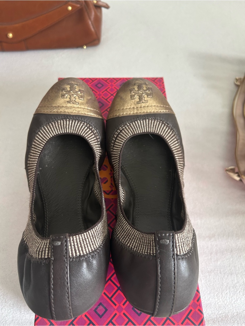 Tory Burch Brown Leather Flats with Metallic Gold Cap Toe